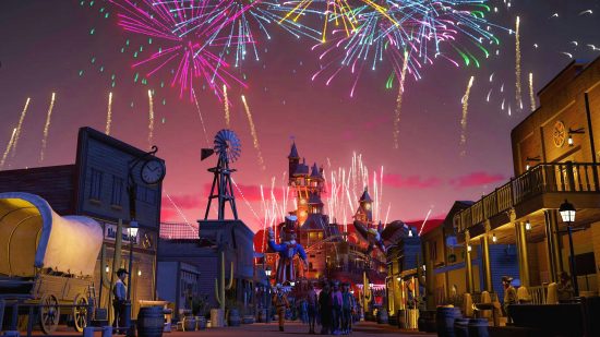 A flashy firework display in one of the best building games, Planet Coaster