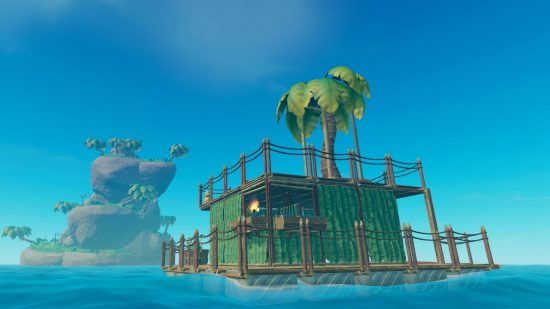 A raft with a tree on top, sailing the seas in one of the best building games, Raft