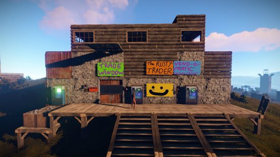 A shack with several friendly signs in one of the best building games, Rust
