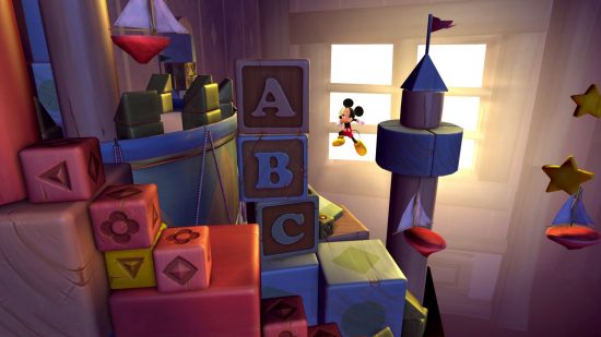 Best Disney games Castle of Illusion: Mickey leaps through the air in a toy room level