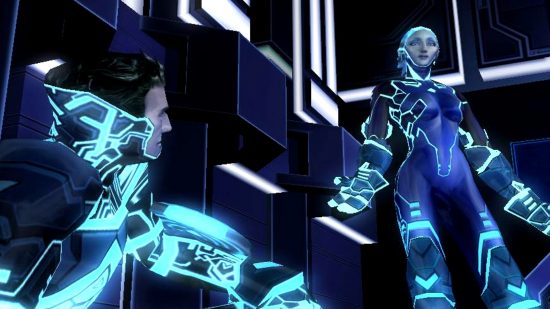 Best Disney Games Tron 2.0: Two characters in futuristic neon outfits