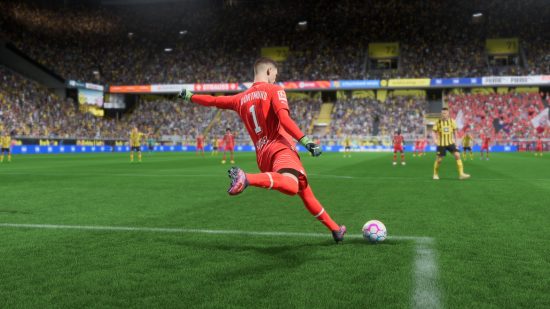 FIFA 23 best goalkeepers: a man kicks the ball 