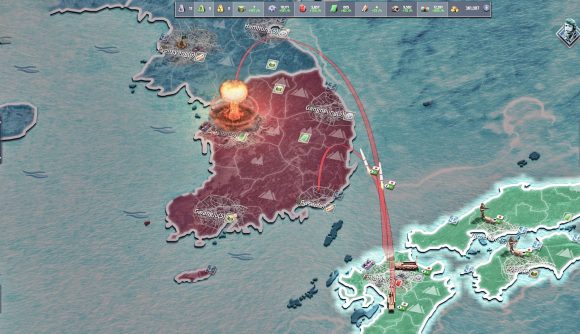 Best free Steam games: Conflict of Nations. Image shows a world map with a nuclear explosion on i.