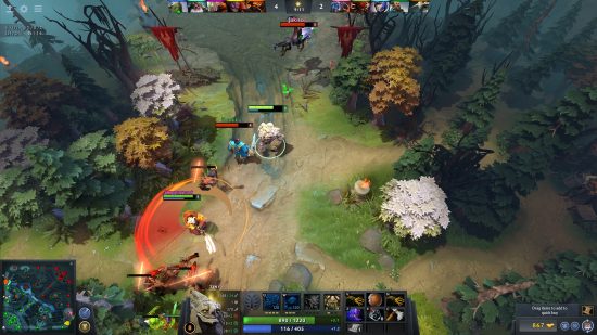 Free Steam games: Dota 2. Image shows Juggernaut unleashing his ultimate ability on surrounding enemies in a green woodland area.