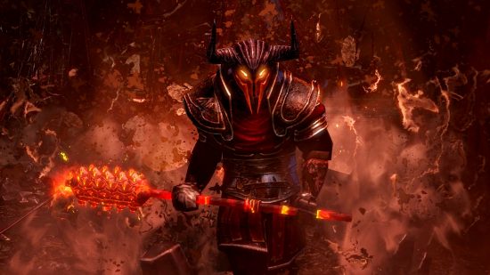 Gratis Steam Games: Path of Exile. Afbeelding toont een vervelende ridder die een gehoornde helm draagt ​​en een brandende club vasthoudt