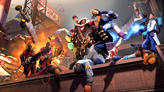 Free Steam games: Team Fortress 2. Image shows the cast of the game messing around and trying to kill each other in an industrial location.