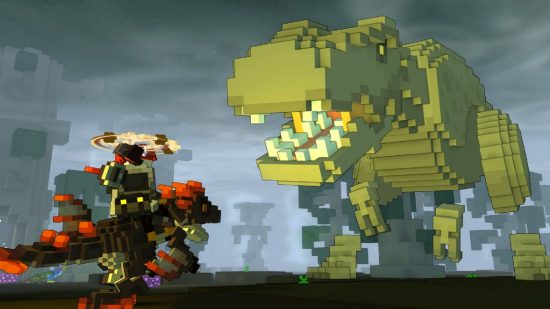 Best free Steam games: Trove. Image shows a large green dinosaur made up of blocks and a person trying to hunt it.
