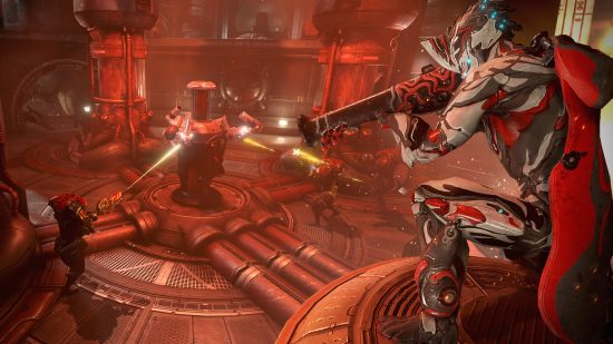 Best free steam games: Warframe. Image shows a character wearing red and white armour and holding a rocket launcher in a futuristic battleground.