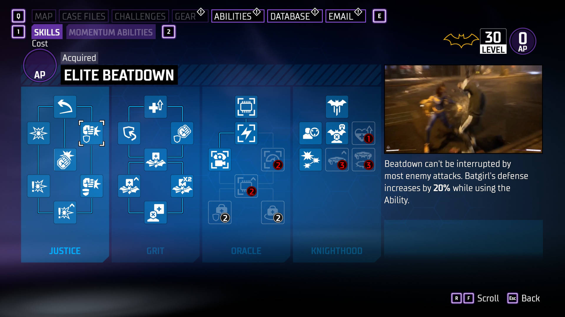 Gotham Knights abilities: Batgirl's ability tree. A window on the right side of the screen shows the Exploding Elite Beatdown skill in action.