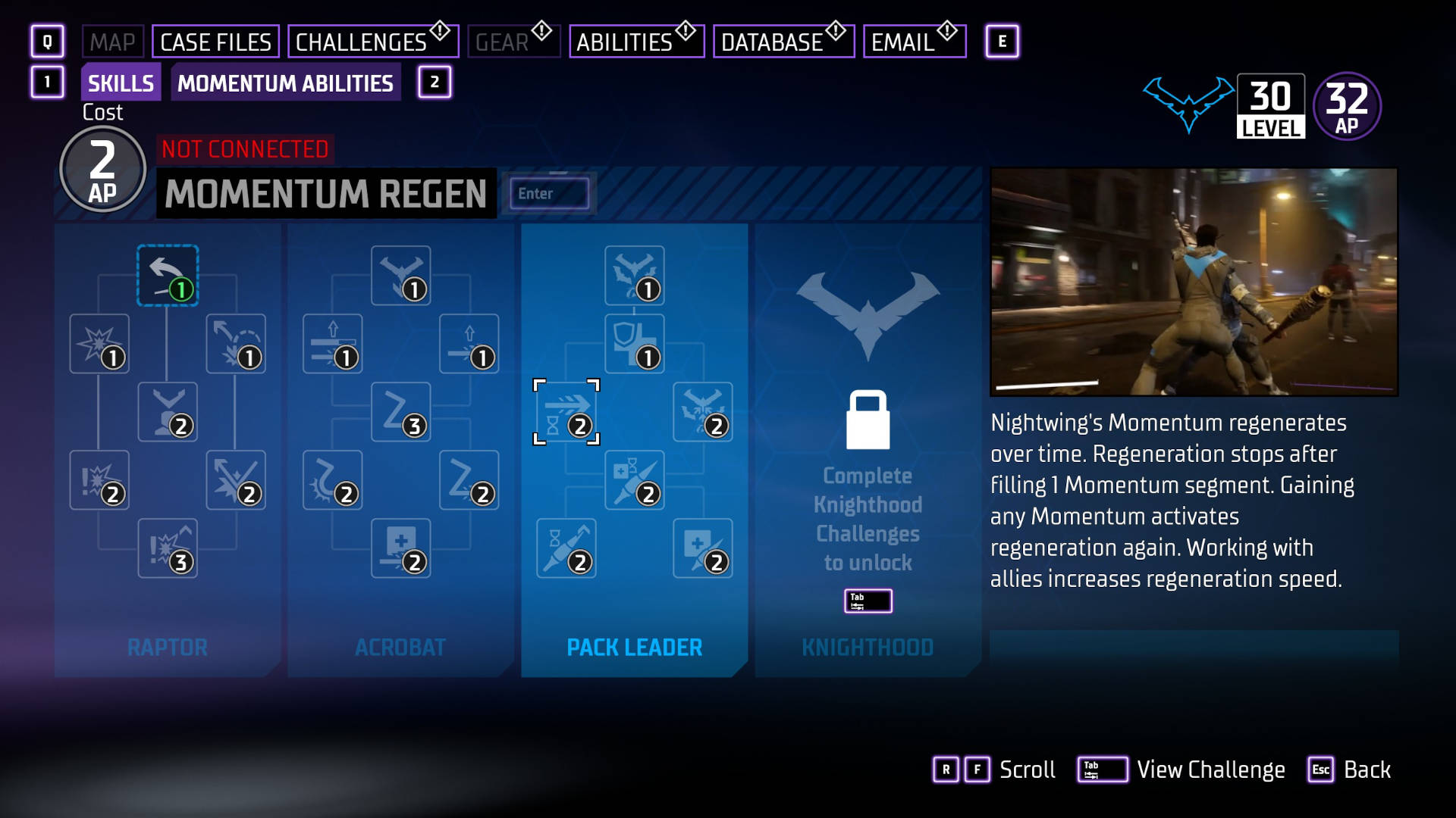 Gotham Knights abilities: Nightwing's ability tree. A window on the right side of the screen shows the Exploding Momentum Regen skill in action.