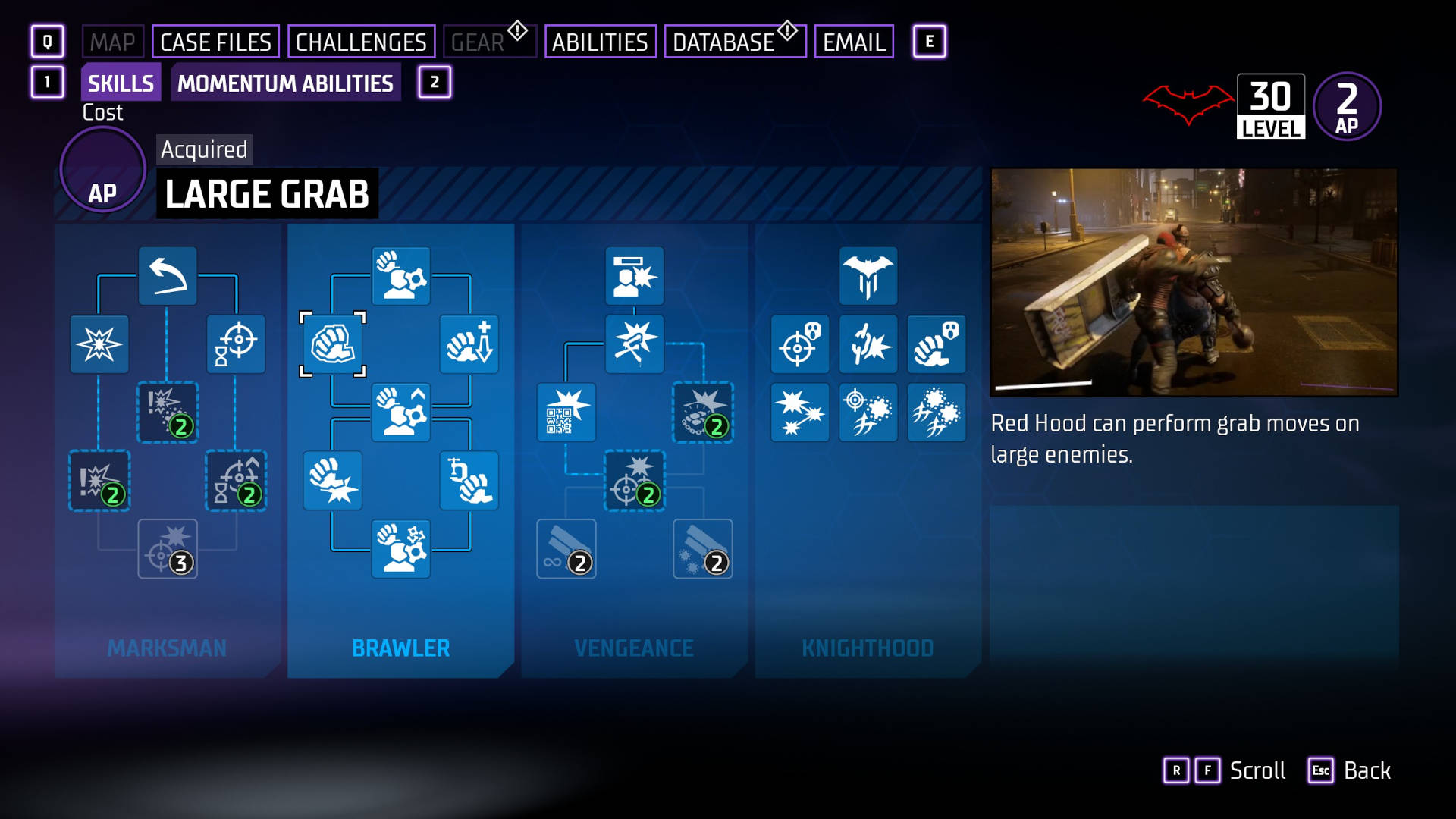 Gotham Knights abilities: Red Hood's ability tree. The image on the right side of the screen shows Large Grab in action.
