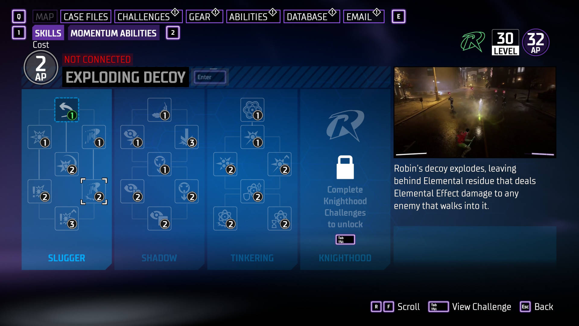 Gotham Knights abilities: Robin's ability tree. A window on the right side of the screen shows the Exploding Decoy skill in action.
