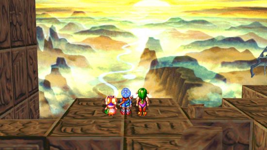Best JRPGs on PC: Three heroes from Grandia looking over the top of the end of the world to find mountains and a river.