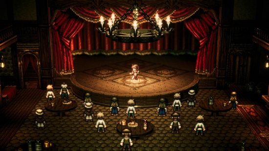 Best JRPGs on PC: A dancer in Octopath Traveler performing on stage with a big audience watching.