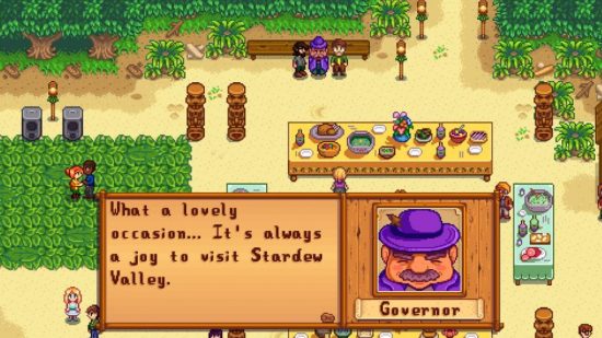 Best life games Stardew Valley: Talking to the governor at a party in Stardew Valley