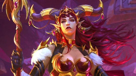 The best MMORPG: Alexstrasza from WoW Dragonflight dressed in her ornamental draconic armour and wielding a staff, one of the Dragon Aspects the player character will meet in the best MMORPG expansion.