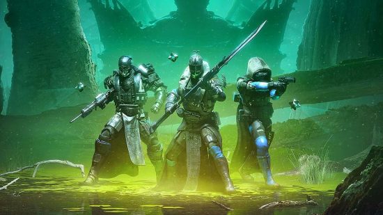Best MMOs: Three Guardians of each class in Destiny 2 advance through a swamp, weapons at the ready in this online looter FPS.