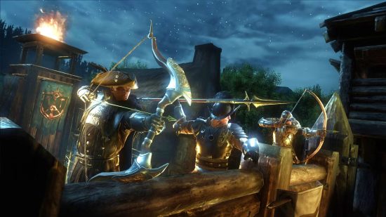 Best MMOs: A row of archers defends a settlement from invaders in New World, a colonial MMORPG set in the 1600s.