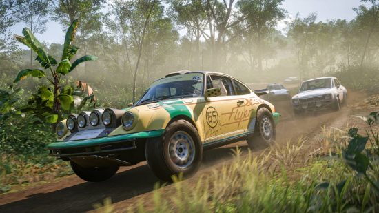 Best multiplayer games - some cars are driving through a forest in Forza Horizon 5.