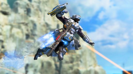 Melhores jogos multiplayer: um personagem voando junto com um jetpack e uma arma nas lendas do Apex