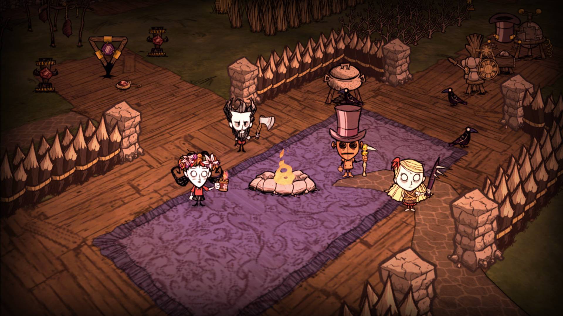 Best multiplayer games: Don't Starve Together. Image shows a group of characters in a wooden structure near a fire.