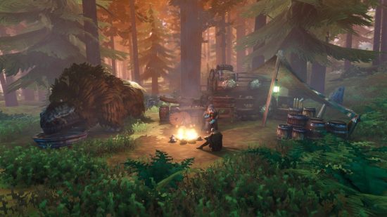 Melhores jogos multiplayer - Dois vikings criaram um acampamento e um incêndio no meio da floresta em Valheim. O animal de estimação do animal está bebendo água de uma tigela grande