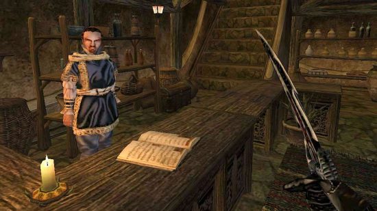 Bedste gamle spil til pc: Taler med en købmand i Elder Scrolls III: Morrowind