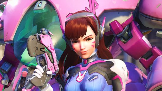 Best Overwatch 2 tank heroes: D.Va brandishing a pistol while stood in front of her mech