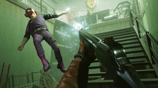 Best PC games: blasting a henchman with a lever-action shotgun in Deathloop