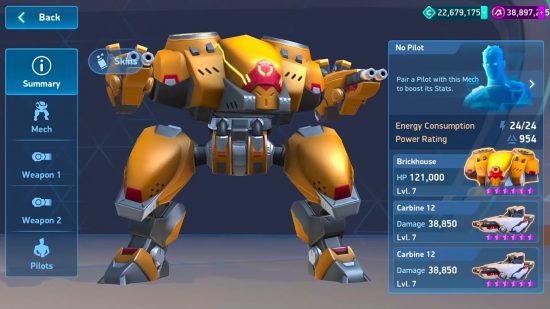 Best robot games: Mech Arena. Image shows a robot standing near all its stats.