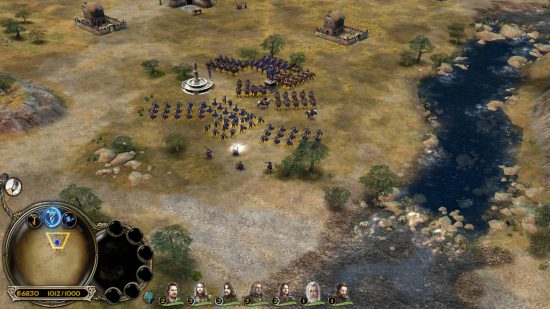 Best RTS games - an entire army of men in Battle For Middle-earth 2, including several of the legendary heroes like Aragon and Gandalf, are standing close to a monument. There's a river flowing to the east and several training facilities to the north.