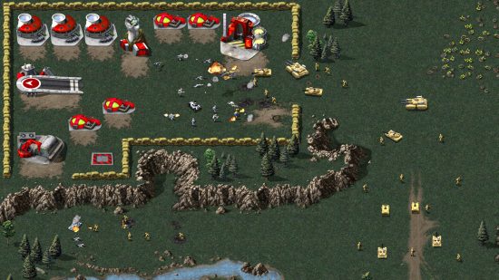 Melhores Jogos RTS - O GDI está invadindo uma Irmandade de Nod Base com um exército cheio de tropas e tanques em Command & Conquerer: Remastered