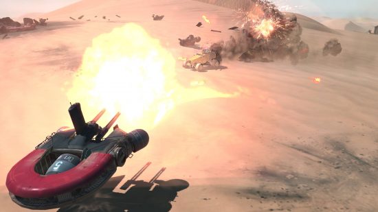 Best RTS games - a turret defending against oncoming vehicles in Homeworld: Deserts of Kharak.