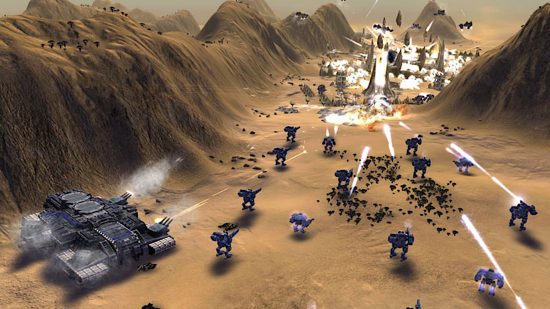 Melhores jogos do RTS - Mechs e tanques estão fazendo batalha em um vale do deserto no comandante supremo