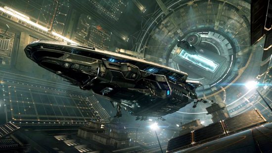 Best sandbox games - Elite Dangerous: A spaceship docks in a space station in the open-world space game