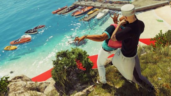 Best sandbox games - Hitman: The player character Hitman threatens an NPC on the edge of a cliff overlooking a colourful, sun-soaked harbor