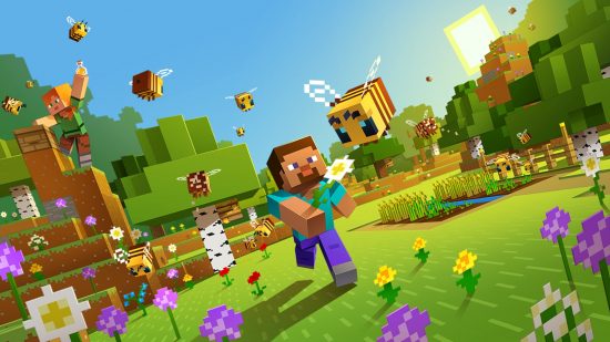 Best sandbox games - Minecraft: Steve chases a bee with a flower in a colourful Minecraft render
