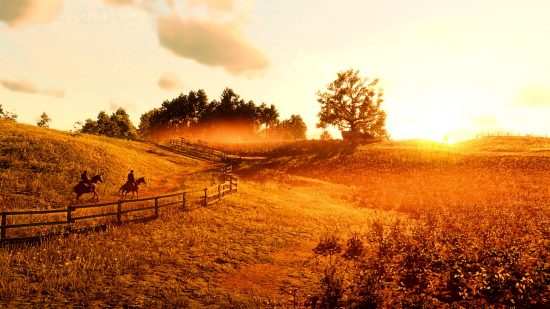 Best sandbox games - Red Dead Redemption: Two cowboys on horseback ride into the sunset in the vast open-world of RDR2