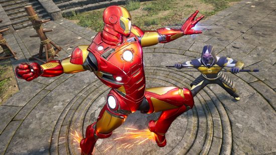 Meilleurs jeux de stratégie - Iron Man est sur le point de frapper un méchant au visage avec un punch propulsé par des fusées dans Marvel Midnight Suns