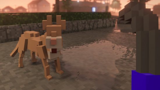 Best Teardown mods: A blocky orange dog stands on a rain-slicked pier in Teardown.