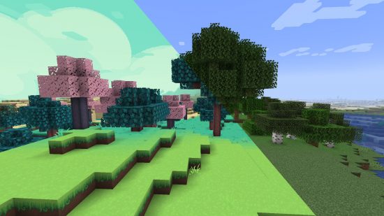 Best Minecraft shaders: The image shows a Minecraft landscape with and without the anemoia texture pack, which adds pink trees, fluffy 2D clouds, and pastel shades.