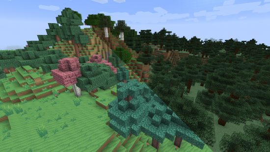 Best Minecraft texture packs: An image shows Minecraft spruce trees, oak trees, and birch trees with and without the beastrinia texture pack, which makes the world more colourful, pastelised, and adds pink leaves.