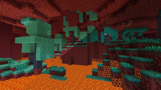 best Minecraft texture packs: A half and half image shows a Minecraft Nether landscape with and without the bright, bloom, and retro texture pack.