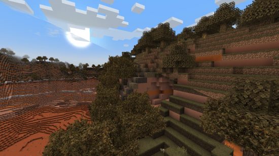 Best Minecraft textures packs: A side by side of wooded badland with the Epic Adventures resource pack on and off, showing realistic trees and a round sun.