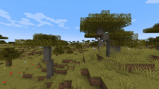 Best Minecraft texture packs: The image shows a Minecraft savannah biome with and without the faithful texture pack installed, in which the grass, wood, and leaves are slightly altered.