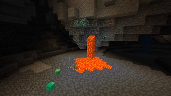 Best Minecraft texture packs: A before and after of the Jicklus texture pack underground, showing brighter ores, lava, and slimes.