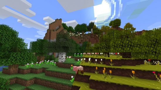 Best Minecraft texture packs: An image shows Minecraft trees and mobs with and without the Jolicraft texture pack, with a muddy pig, a swirling round sun, and a different color palette.