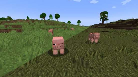 Best Minecraft shaders: The image shows a Minecraft landscape and pigs with and without the Mythic texture packs, which adds a rustic, mediaeval look to the sandbox game.