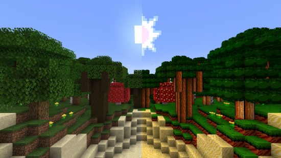 best Minecraft texture packs: A half and half image shows a Minecraft landscape with and without the RetroNES texture pack, which makes the world look like a classic Nintendo game.