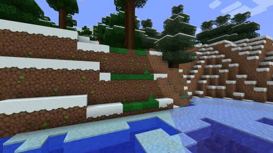 Best Minecraft texture packs: The sapixcraft texture pack is shown in a side by side image of a snowy taiga, with ice, snow, and grass blocks all more colorful and cartoony.